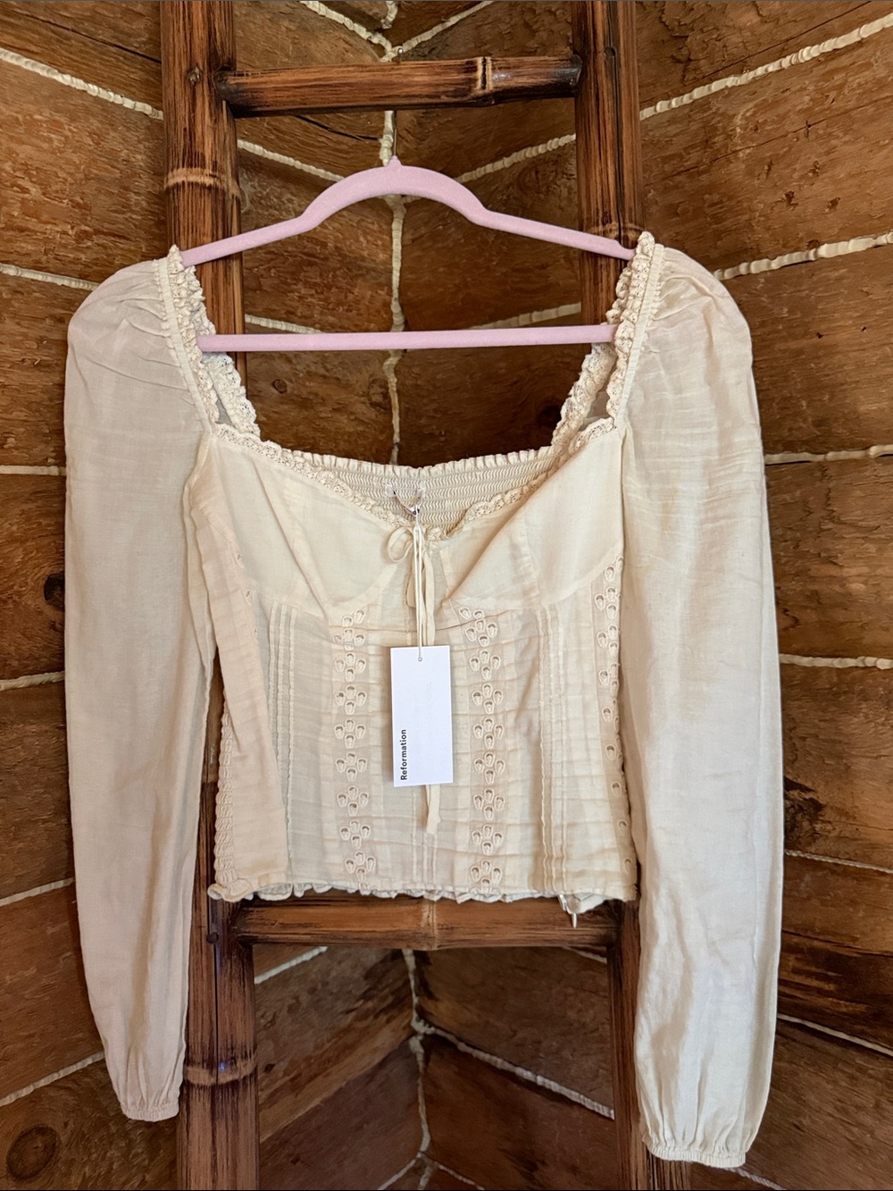 Cream Peasant Corset Top with Long Puff Sleeves